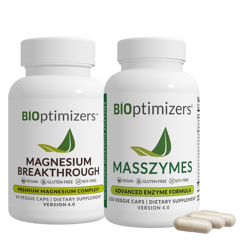 BiOptimizer Magnesium Breakthrough 4.0, (60 kapsler) & MassZymes 4.0, (250 kapsler) - Naturlig søvn, hjerne, og fordøjelsessygdomme Support Bundle