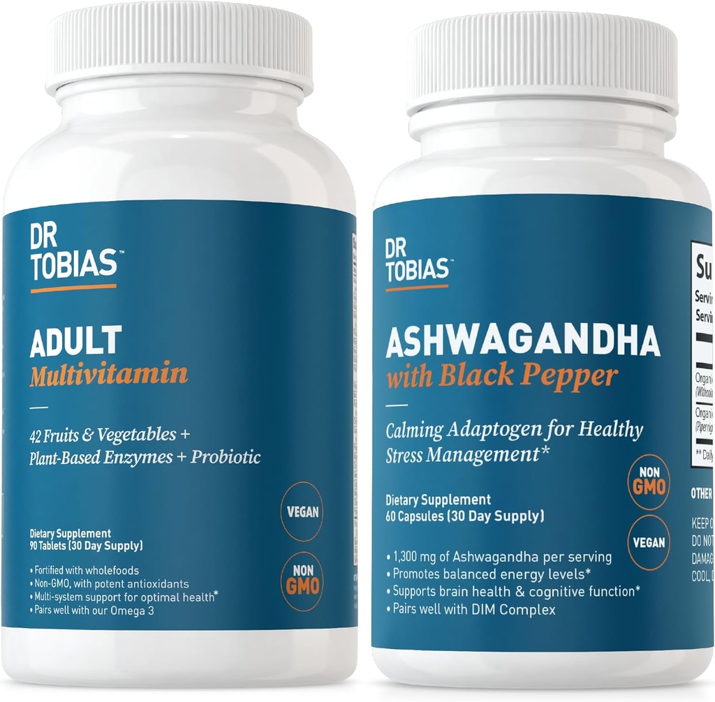 Dr. Tobias Voksen Multivitaminer og Ashwagandha kapsler, Støtte Samlet Wellness & Balanceret Energi & Resilience, Vegan, Non- GMO