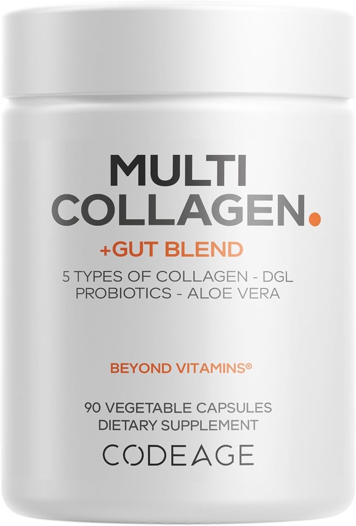 Kodeage Multi Collagen + Gut Blend Supplement - fordøjelsesfremmende probiotika, DGL lakrids, Aloe Vera, Økologisk pebermynte Leaf, Slippery Elm - Hydrolyseret Bovin Collagen piller - Non-GMO - 90 Kapsler