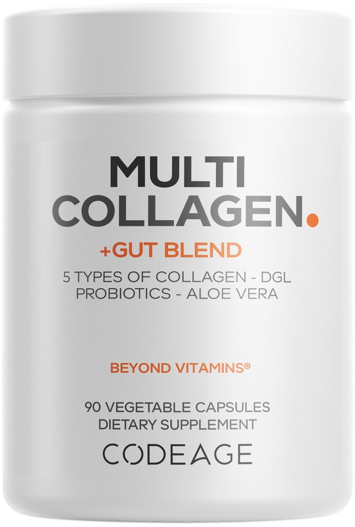 Kodeage Multi Collagen + Gut Blend Supplement - fordøjelsesfremmende probiotika, DGL lakrids, Aloe Vera, Økologisk pebermynte Leaf, Slippery Elm - Hydrolyseret Bovin Collagen piller - Non-GMO - 90 Kapsler