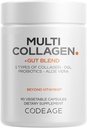 Kodeage Multi Collagen + Gut Blend Supplement - fordøjelsesfremmende probiotika, DGL lakrids, Aloe Vera, Økologisk pebermynte Leaf, Slippery Elm - Hydrolyseret Bovin Collagen piller - Non-GMO - 90 Kapsler