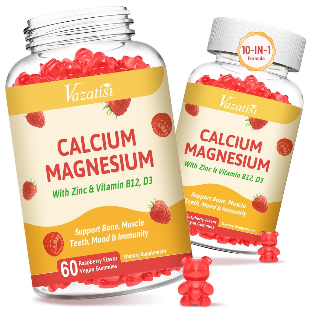2 Pack Calcium Gummier med Magnesium, Zink, Vitamin D3 & B12, Calcium Kosttilskud til kvinder Mænd, Support Bone, Muskel og Immunitet, 120 Vegan Raspberry Flavor Gummies