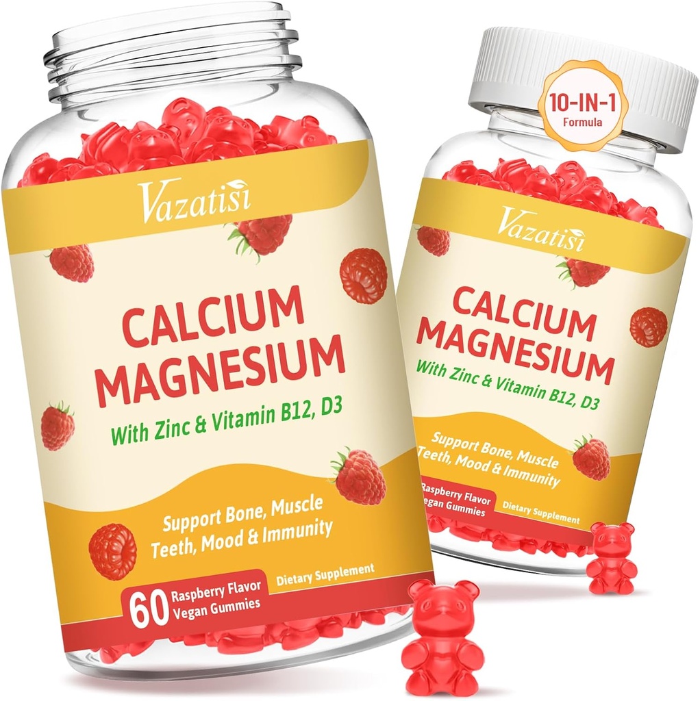 2 Pack Calcium Gummies with Magnesium, Zinc, Vitamin D3 & B12, Calcium Supplements for Women Men, Support Bone, Muscle and Immunity, 120 Vegan Raspberry Flavor Gummies