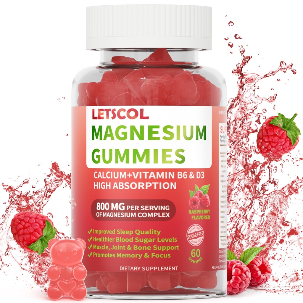 Magnesium Glycinat Gummies 800 mg per servering, Sukker fri Magnesium tillæg med Magnesiummalat, Calcium, D3- vitamin, B6, CoQ10 for rolig støtte og søvn for voksne børn
