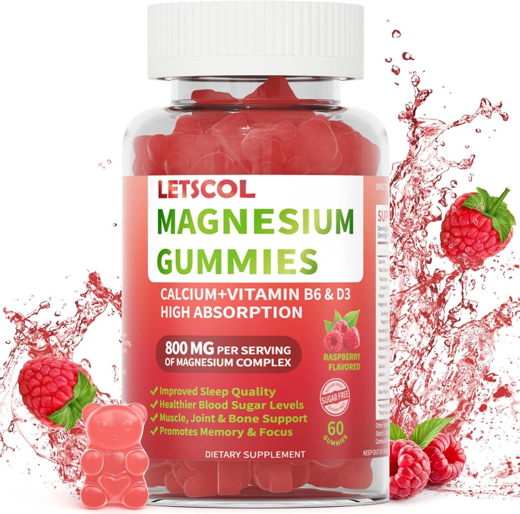 Magnesium Glycinat Gummies 800 mg per servering, Sukker fri Magnesium tillæg med Magnesiummalat, Calcium, D3- vitamin, B6, CoQ10 for rolig støtte og søvn for voksne børn