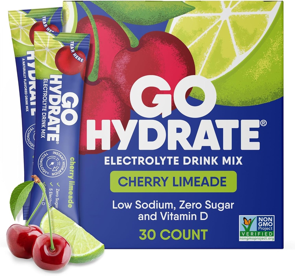GoHydrate Lavnatrium Electrolytes Powder Pacets Sugar Free - Instant Hydration Daily Drink Mix - Zero Sugar Water Flavor Pakke Singler med D-vitamin - (Cherry Limeade, 30 Pakker)