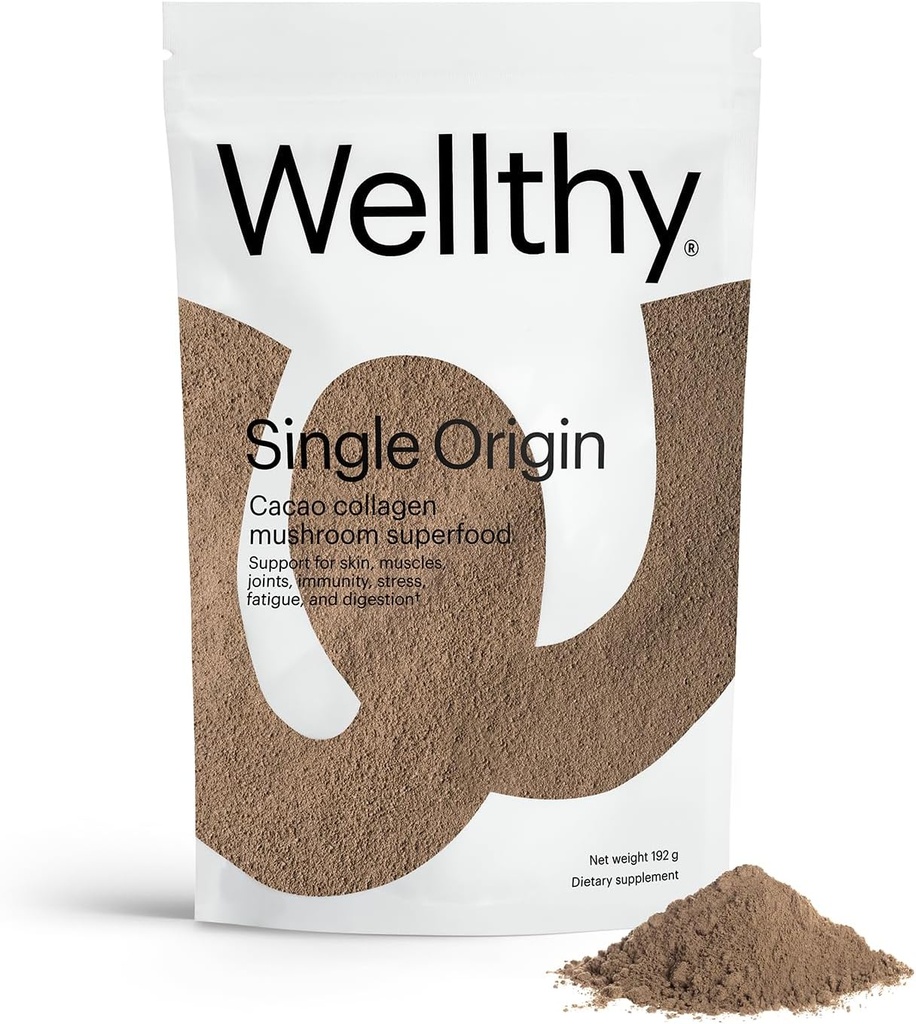 Wellthy Collagen Superfood Powder, Fights Stress & Træthed, Cacao, Mushroom Powder - Organic Chaga & Reishi Ekstrakter, Certificeret Organic Matcha, Allergen- Free & Non- GMO