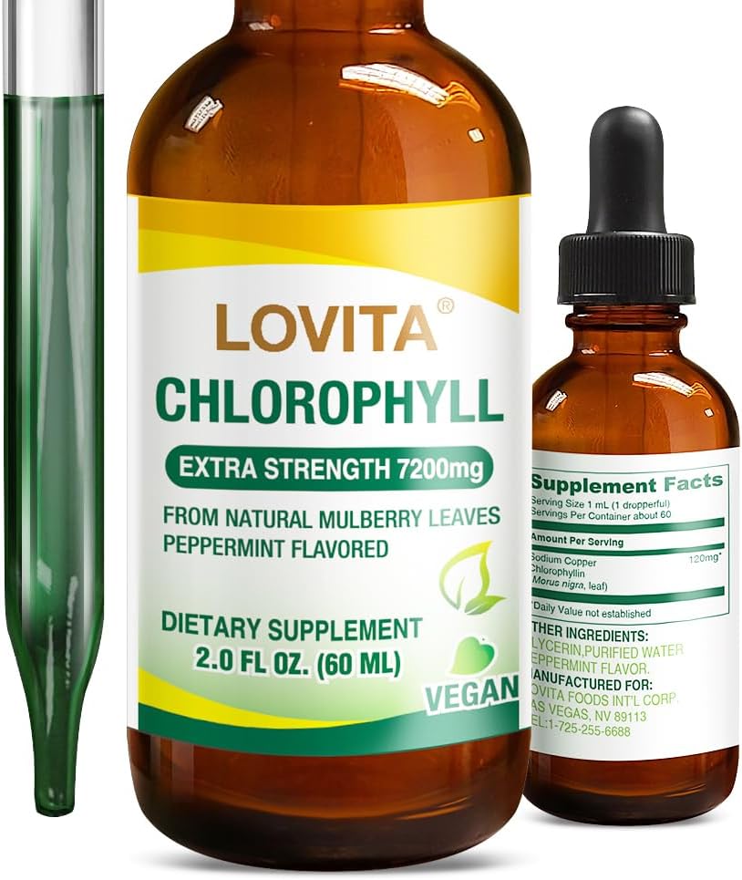 Lovita Chlorophyll flydende dråber, høj potens 120 mg / ml, 7,200 mg pr. flaske, Natural Energy Booster & immunforsvar, intern deodorant, hudsundhed, Vegan & non- GMO, Mint Flavor, 60 Servere 2 Oz