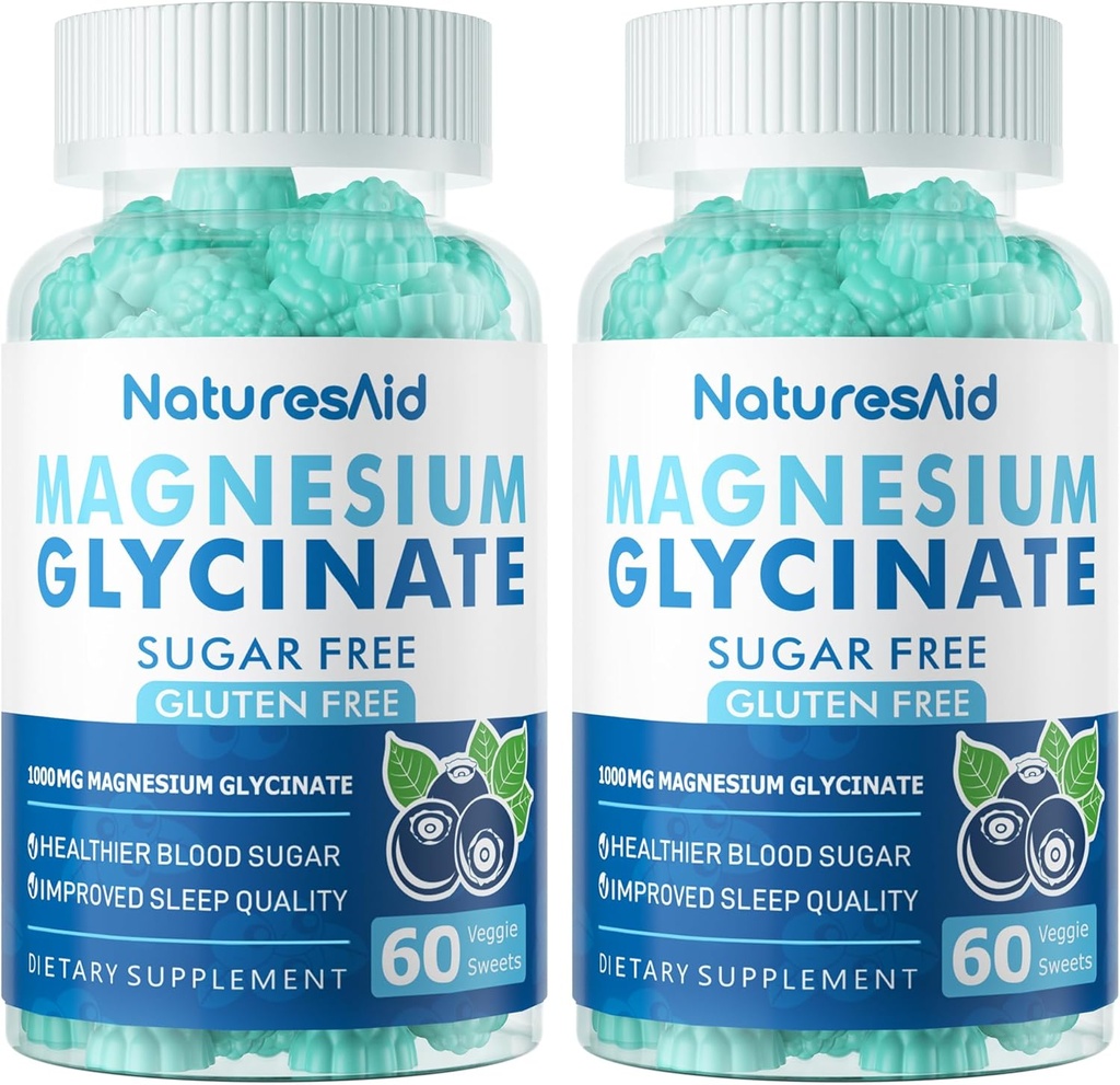 Magnesium Glycinate Gummies 1000mg - Sugar Free Magnesium Kalium Supplement med D-vitamin, B6, CoQ10 til Calm Mood & Sleep Support - 120 Blueberry Gummies -2 Pack