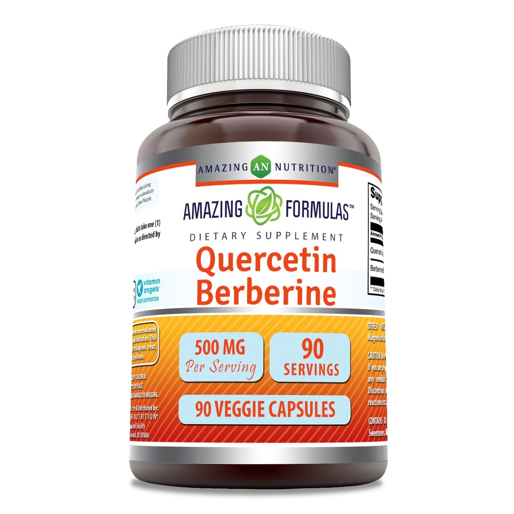 Amazing Formulas Quercetin Berberine - 250mg Berberine og 250mg Quercetin, 90 Veggie Kapsler Supplement 124; Non- G20; Gluten Free Budding 124; Lavet i USA; Ideel til vegetarer