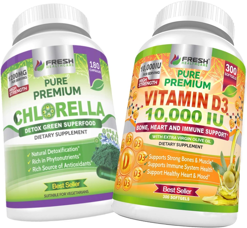 FRESH HEATHCARE Chlorella og vitamin D3 10.000 IE - Bundle