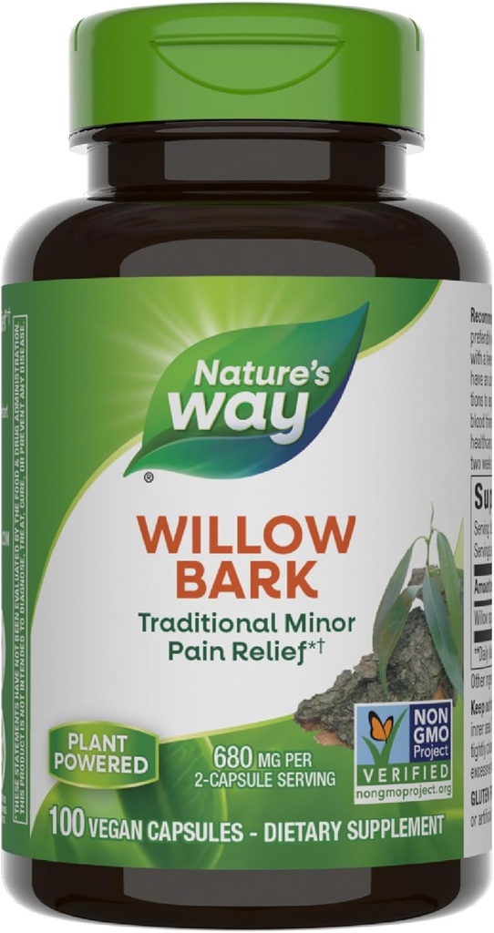 Nature 's Way Willow Bark, Traditional Relief of Discomfort På grund af lejlighedsvis overexertion *, Non- GMO Project Verified, 680 mg per servering, 100 Veganske kapsler