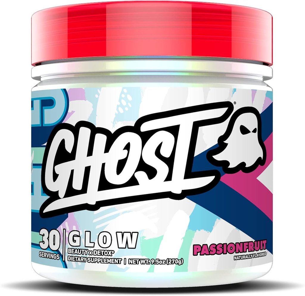 GHOST Glow: Skønhed og Detox Support Formel - 30 Serveringer, Passionsfrugt - Skin Boosting Biotin og L-Theanin for Antioxidanter til Hydration, Radiance, Kompleksion & Nourisation - Vegan, Gluten- Free