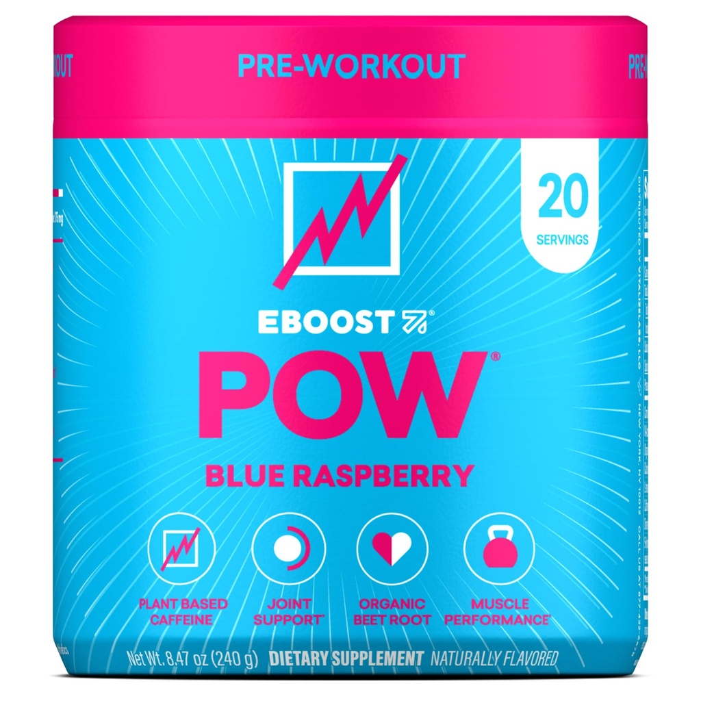 EBOOST POW Natural Pre Workout Powder - 20 Servering - Blå Hindbær - A PreWorkout Supplement for ydeevne, fælles mobilitetsstøtte, Energi - Mænd og kvinder - Non- GMO, Gluten- Free, Ingen Creatin
