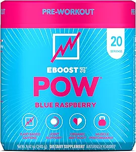 EBOOST POW Natural Pre Workout Powder - 20 Servering - Blå Hindbær - A PreWorkout Supplement for ydeevne, fælles mobilitetsstøtte, Energi - Mænd og kvinder - Non- GMO, Gluten- Free, Ingen Creatin