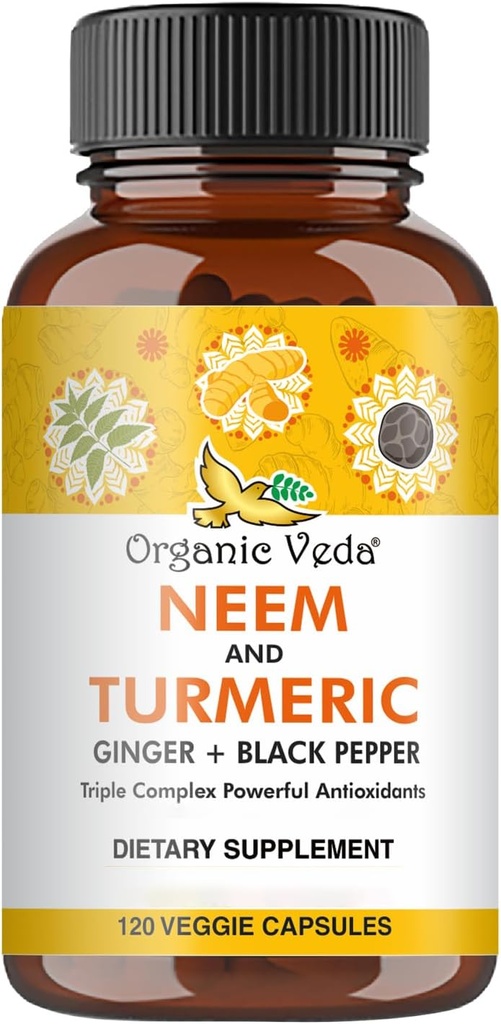 Økologisk Veda Neem & Gurkemeje Kapsler med Ingefær & Sort Pepper - Neem Leaf, Gurkemeje, Gurkemeje, Sort Pepper Capsule Supplement - Vegan, Non- GMO - 120 Greve