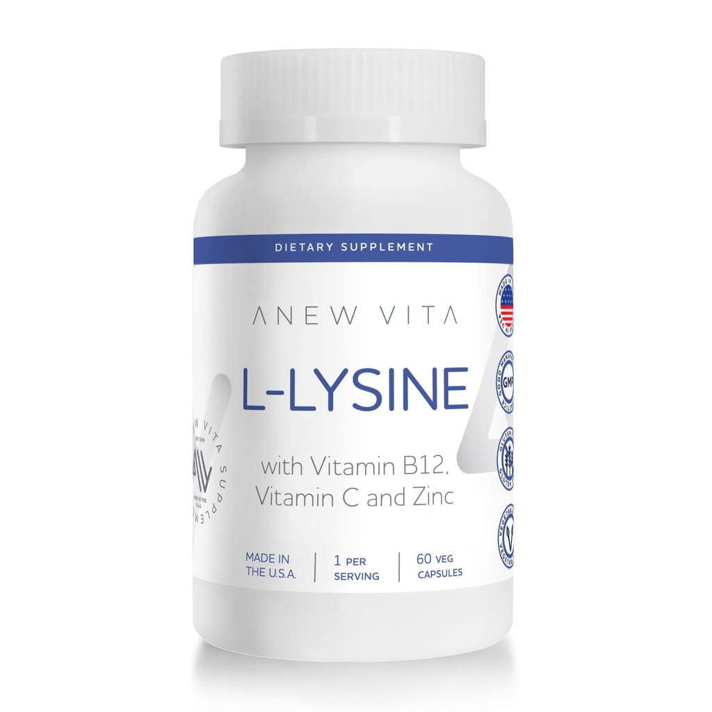L- Lysin tillæg med vitamin B12 + C + Zink til Lip, mund, og oral vævssundhed - Forbedret wellness support - Non- GMO, Gluten- fri - Lavet i USA - 60 vegetabilske kapsler, 500mg