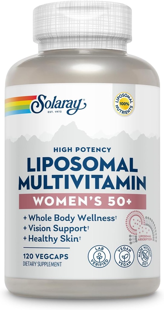 SOLARAY Liposomal Multivitamin til kvinder 50 Plus, Forbedret Absorption med jern, D-vitamin, C-vitamin, B12, biotin & mere, immunforsvar & ben sundhed, Vegan, 60 Servere, 120 VegCaps