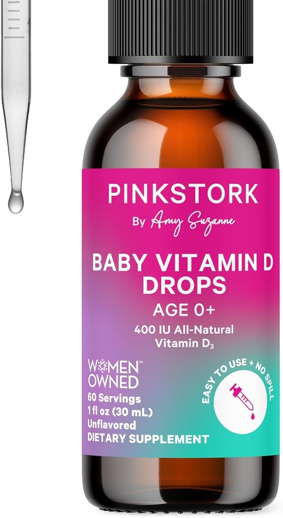 Pink Stork Baby Liquid Vitamin D dråber til spædbørn, 400 IE D3 Vitamin D3 til Newborns og børn til at hjælpe støtte knoglerelateret udvikling og sund immunfunktion - 1 fl oz, 2 måned Supply