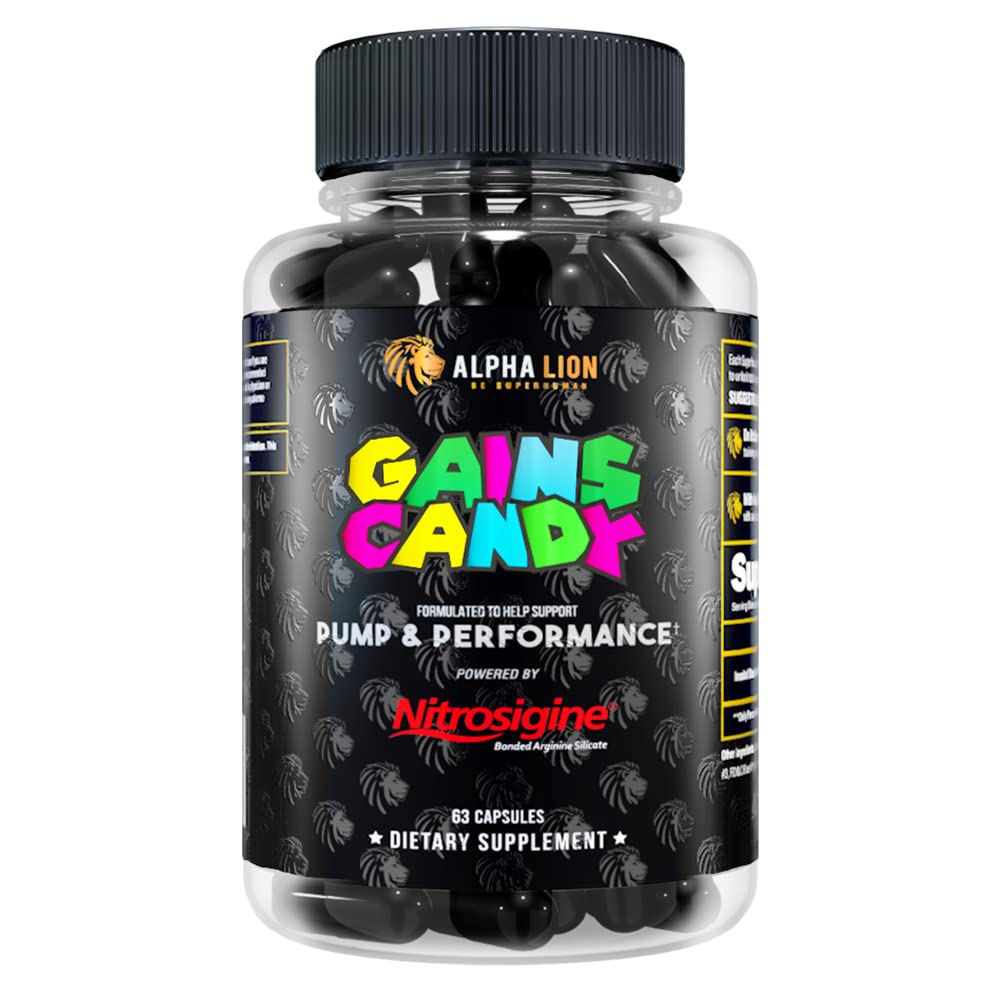 ALFA LION Gains Candy, supplement piller til muskel pumpe & blodgennemstrømning, nitrogenoxid booster, understøtter Mental Focus, Brug dagligt til at opgradere workout ydeevne, 63 kapsler (Nitrosigine)