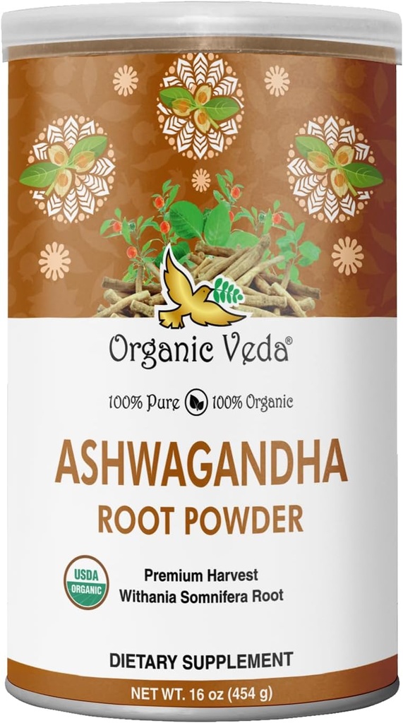 Organic Veda Ashwagandha Root Powder, 16oz - 100% Pure & Natural Ashwagandha Powder Supplement, Phelania Somnifera - Forbedrer Mood, Stamina, Support Immunity, Energy - Vegan, Non- GMO