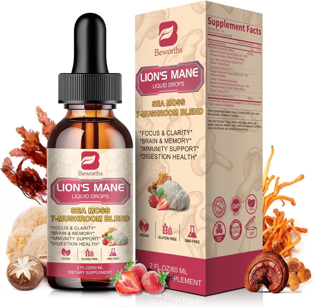 Mushroom Complex Liquid Drop, 8 i 1 Lions Mane Mushroom supplement med Irish Sea Moss, Chaga, Tyrkiet Hale, Cordyceps & mere for Brain, Fokus, Kognitiv & immunforsvar Support, Vegan, Strawberry Flavor, 60ml