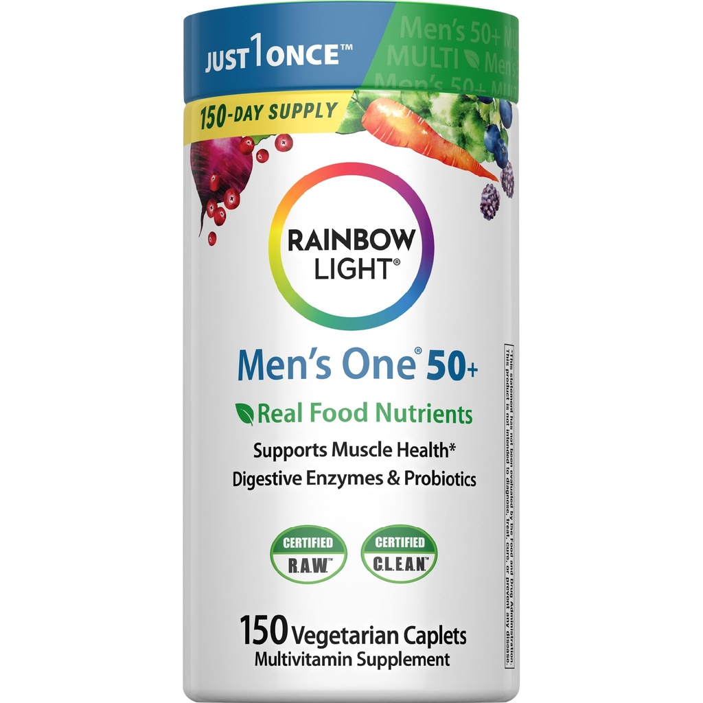 Rainbow Light Multivitamin til mænd 50 +, C-vitamin, D & zink, Probiotika, Mænds One 50 + Multivitamin giver høj potens immunforsvar, non-GMO, vegetar, 150 tabletter