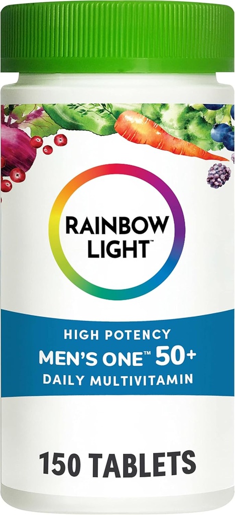 Rainbow Light Multivitamin til mænd 50 +, C-vitamin, D & zink, Probiotika, Mænds One 50 + Multivitamin giver høj potens immunforsvar, non-GMO, vegetar, 150 tabletter