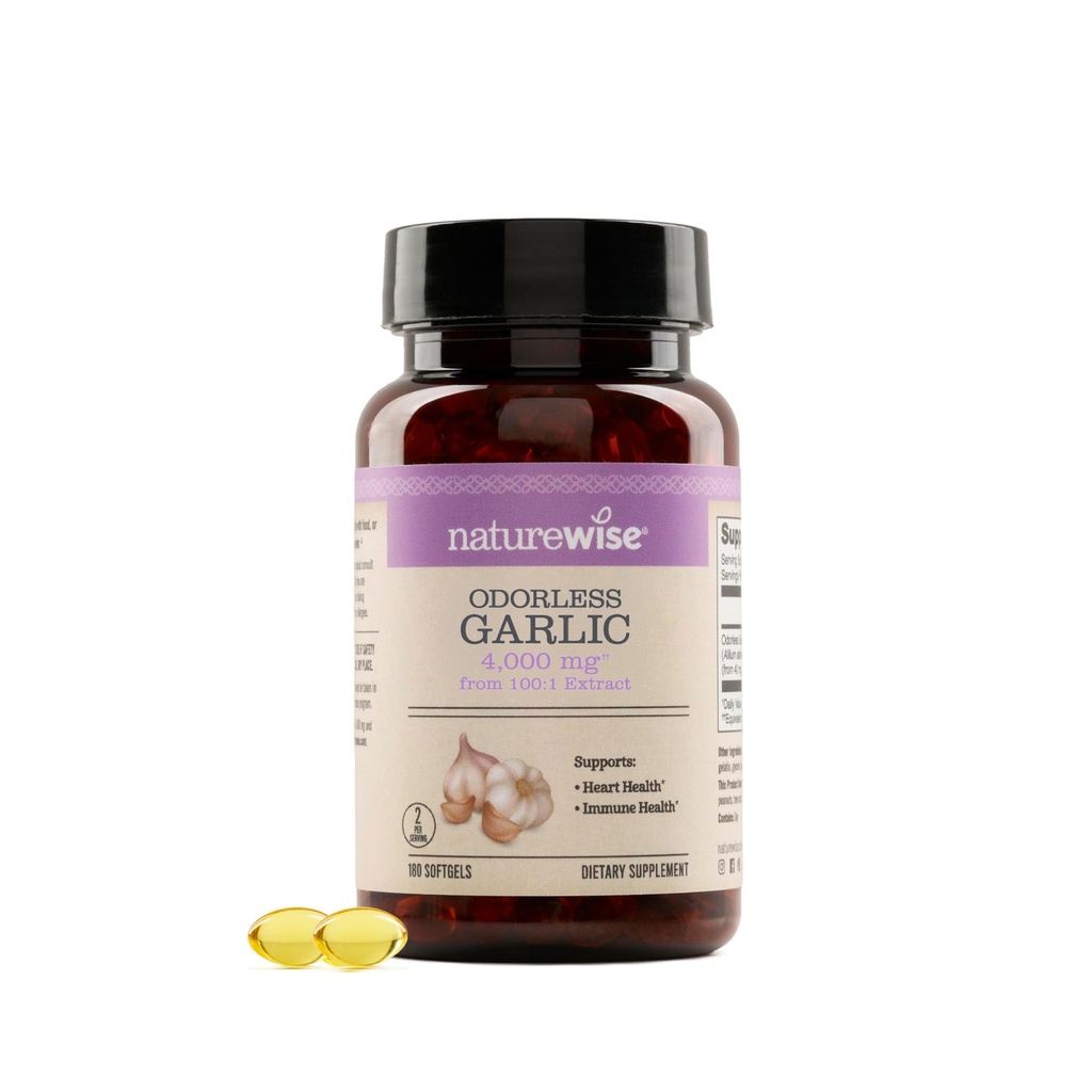NatureWise Odorless hvidløg Supplement 4000mg - Ultra Potent 100: 1 Extract - Sund Cholesterol Formel, Heart Health Support - Non- GMO, Gluten Free, med Halal Gelatine - 180 Greve [90- Day Supply]