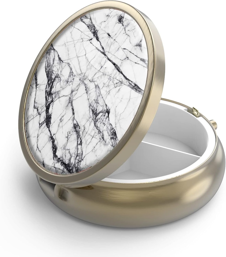 Pill Case Pill Box med spejl Retro 3 Segment Lille Pill Case til purse eller Pocket Bronze Lille Roud Pill Box eller vitaminer, fiskeolie, kosttilskud, Pill Containe Travel Gaver Hvid marmor