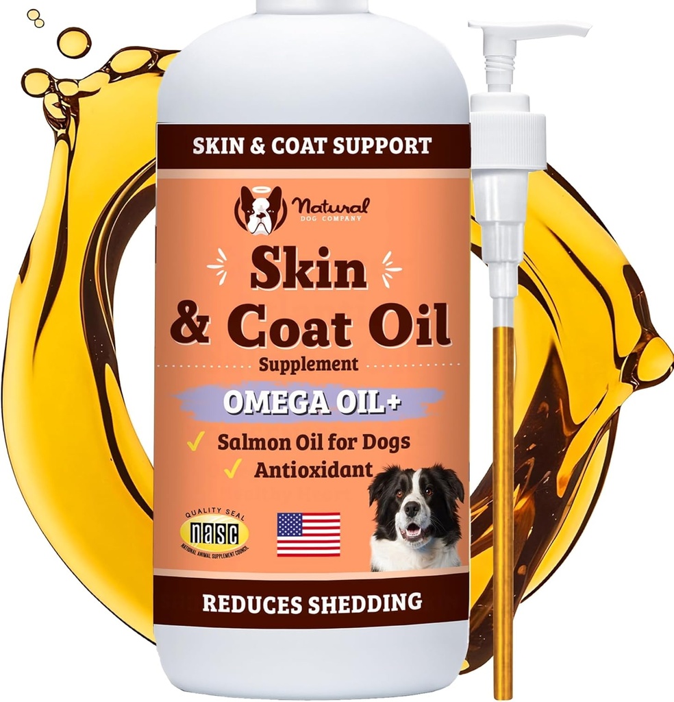 Natural Dog Company Skin & Coat Oil (16 oz.), Understøtter hud sundhed, fisk olie kosttilskud til hunde, Soft Coat, Fish Oil & Flaxseed Oil, Fedtsyrer, Flaske af hund fisk olie med pumpe, Antioxidant