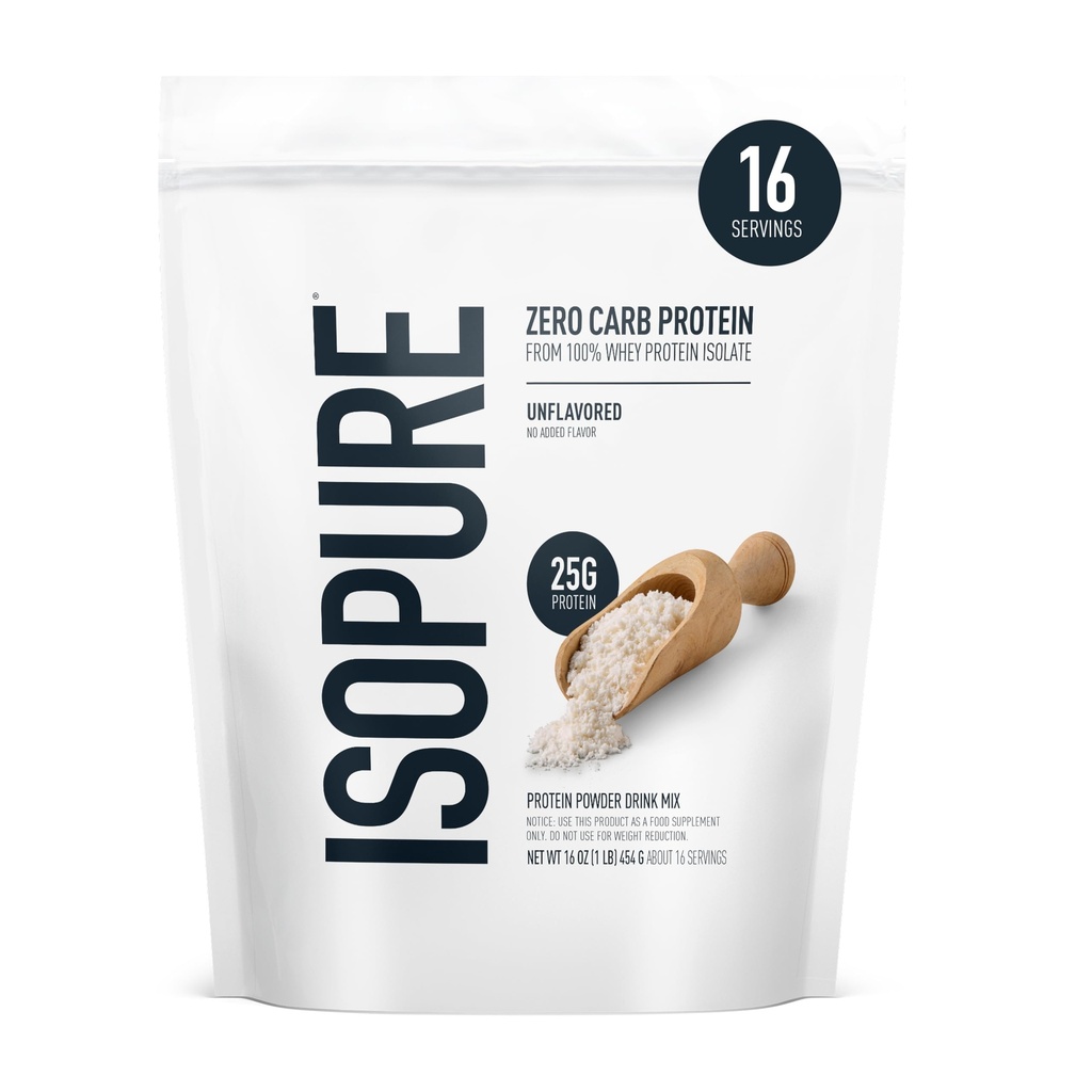 Isopure Zero Carb 100% Pure Whey Isolate Protein Powder, Lactose Free, Gluten Free, med vitaminer, Unflavored, 25g Protein Per Servering, 1 Lb, 16 Servere (Packaging May Vary)