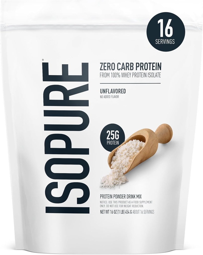 Isopure Zero Carb 100% Pure Whey Isolate Protein Powder, Lactose Free, Gluten Free, med vitaminer, Unflavored, 25g Protein Per Servering, 1 Lb, 16 Servere (Packaging May Vary)