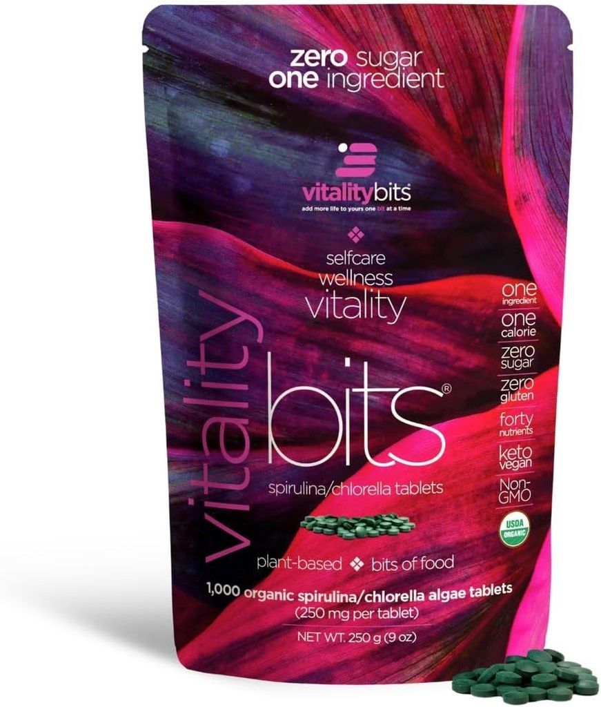 Vitalitybits - Organic Blended Spirulina & Chlorella Tablets - Alger Superfood - Energi, Self Care, Skønhed - Erstat grønne, Kosttilskud, Protein, Snacks - Vegan, Keto, Gluten Free - 1000 Tablets Bag