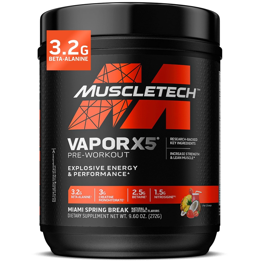 MuscleTech Pre- Workout Powder, Vapor X5 - Sport Nutrition Muscle Building Kosttilskud til kvinder & mænd - Intensive Muscle Pump Energy Powder Drink Mix - Miami Spring Break, 272g (30 Servere)