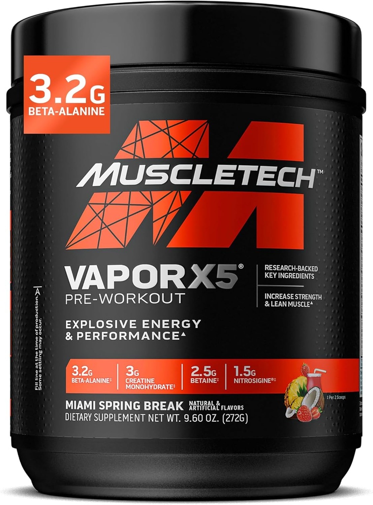 MuscleTech Pre- Workout Powder, Vapor X5 - Sport Nutrition Muscle Building Kosttilskud til kvinder & mænd - Intensive Muscle Pump Energy Powder Drink Mix - Miami Spring Break, 272g (30 Servere)