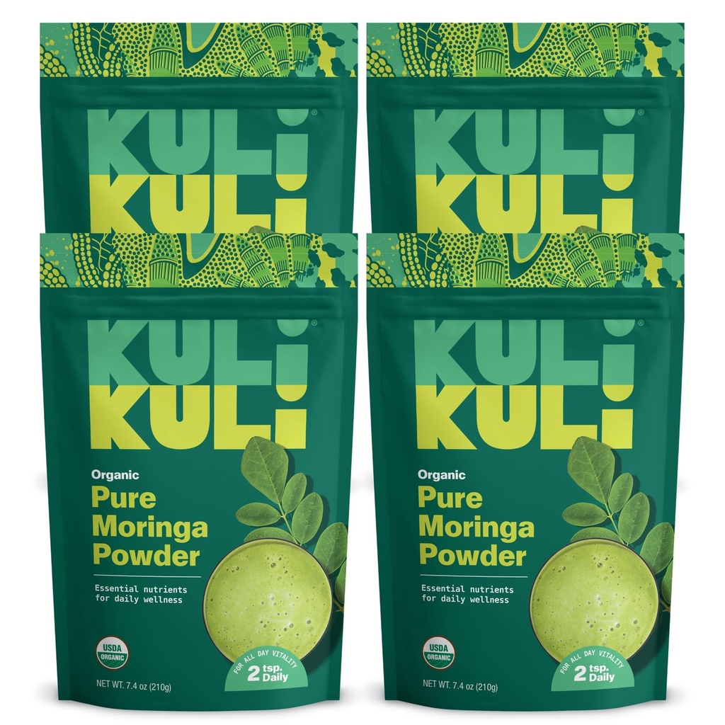 Kui Kui Moringa Oleifera Organic Leaf Powder & Green Smoothie, 100% Pure USDA Certified & Non- GMO Moringa Powder, Great with Smoothies, Tea, and Food, 4 Pack