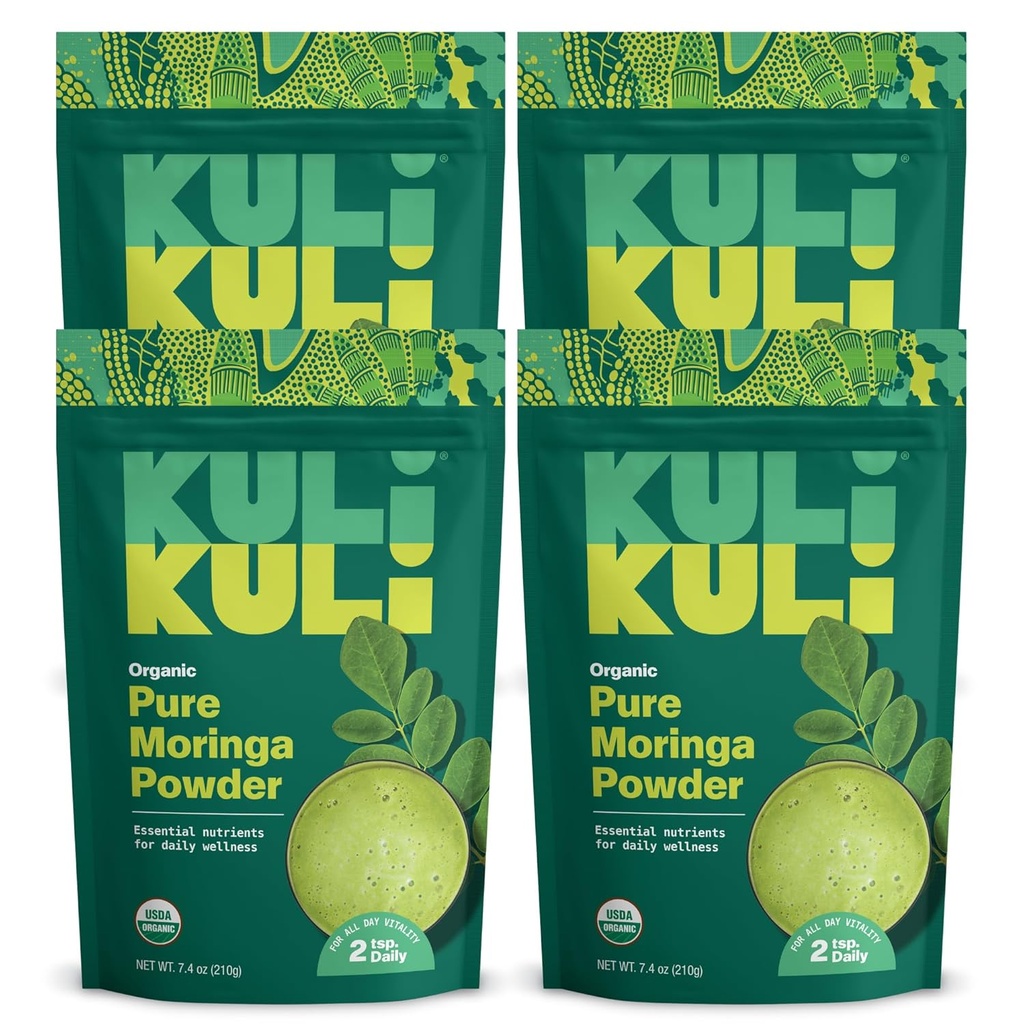 Kui Kui Moringa Oleifera Organic Leaf Powder & Green Smoothie, 100% Pure USDA Certified & Non- GMO Moringa Powder, Great with Smoothies, Tea, and Food, 4 Pack