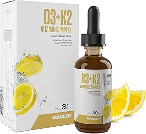 Maxler D3 K2 dråber med MCT Oil - hjerte, ben og immunforsvar - Ingen GMO, farver, sødestof, alkohol - D3 5000 IE & vitamin K2 500 mcg pr 1 Servering - 120 Servere Lemon Flavor