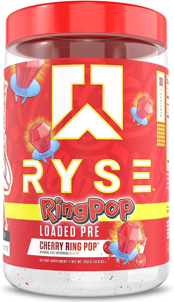 RYSE Indlæser pre workout pulver - Ring Pop Cherry - Daglig pre-workout for mænd og kvinder med 325mg koffein, Beta Alanine, og Citrullin til Pump, Focus og energi - 30 Serveringer