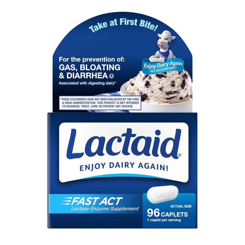Lactaid Fast Act Lactose Intolerance Caplets med Lactase Enzyme, Dairy Relief fra Gas, Bloating & Diarré, 9000 FCC Lactose Intolerance Pills, 96 Individuelle rejser On- The- Go Packs (96 x 1 ct)