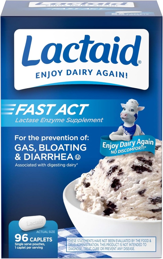 Lactaid Fast Act Lactose Intolerance Caplets med Lactase Enzyme, Dairy Relief fra Gas, Bloating & Diarré, 9000 FCC Lactose Intolerance Pills, 96 Individuelle rejser On- The- Go Packs (96 x 1 ct)