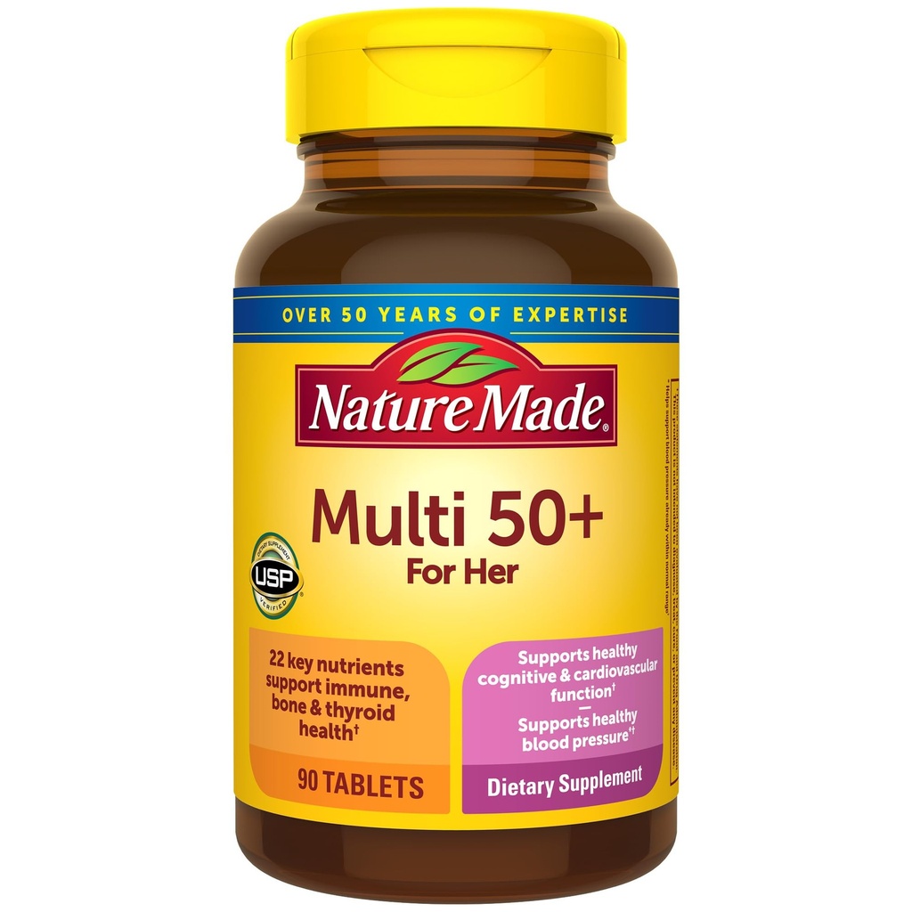 Nature Made Multivitamin til kvinder 50 + Ingen jern, Multivitaminer til kvinder 50 Plus, Daglig ernæringsstøtte, Nature Made Multi Vitaminer, 90 tabletter, 90 dages forsyning