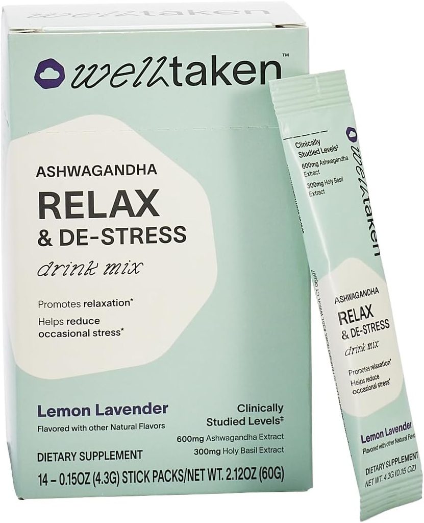 Ashwagandha Relax & De- Stress Powder - Lemon Lavendel 14ct Box - 600mg Ashwagandha, 200mg L- Theanine, Holy Basil - Understøtter Stress, Afslapning - Vegan, Ingen tilsat sukker - 14 Serveringer