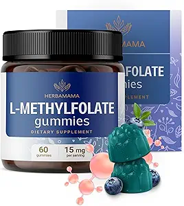 HERBAMAMA L- Methylfolat Gummies - 15mg 5- MTHF Calming Supplement for voksne - Vegan, Non- GMO Methylerede folat (Vitamin B9) for brain Support - 60 Pectin- baserede Blueberry- Tyre