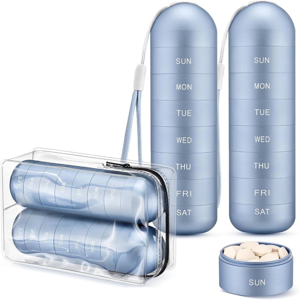 [2 Pack] Zannaki Metal Travel Pill Organizer, Transportable Vandtæt Ugentlig Pill Box, Stor Aluminium Alloy Pill Case Container, BPA Gratis 7 Dag Daglig Medicin Organizer Holder for Vitamin, tillæg