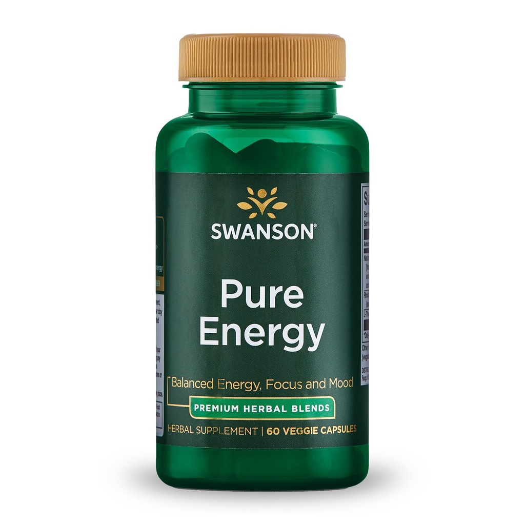 Swanson Pure Energy Metabolisme Koncentration Focus Support Stress Management Adaptogene urter Urte Supplement 60 Veggie Kapsler (Veg Caps) Vegan