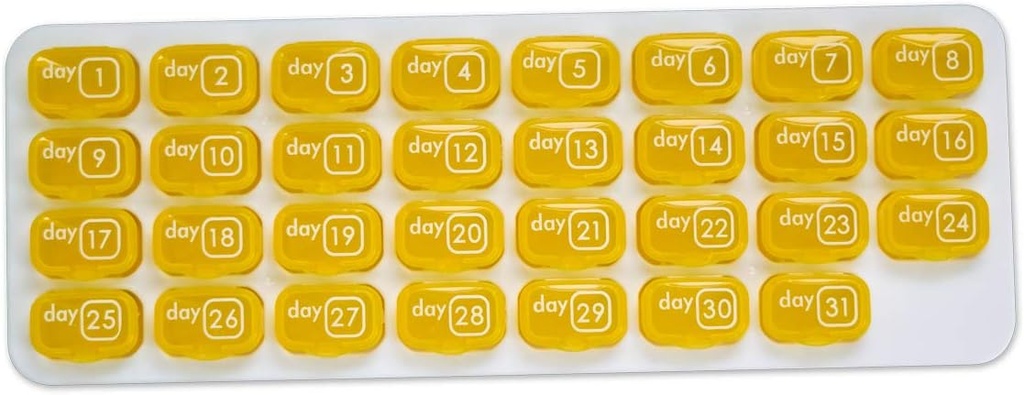 31 Dag Månedlig Pill Pod Organizer for Easy Medication Management - Hold dig på sporet med Daily Vitamin Supplement Med Boxes, Klar til rejse - Gul