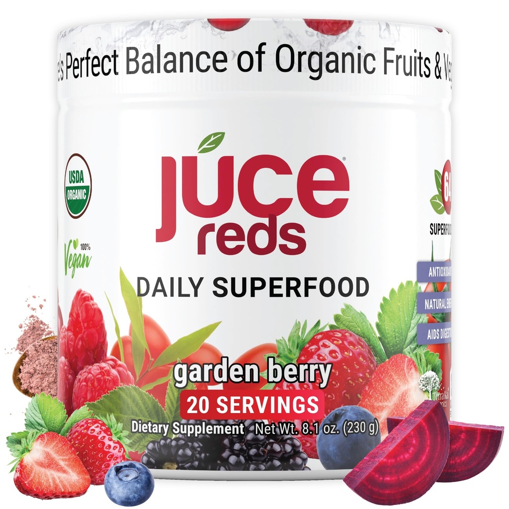 Terra Kai Organics Juce Reds Organic Superfood Powder - Garden Berry Flavour 124; Frugt & Veggie Powder til alle w / 64 ImmunoBoosting Superfood Plus Probiotika til Gut Health Budding 124; 20 Servere (230g)