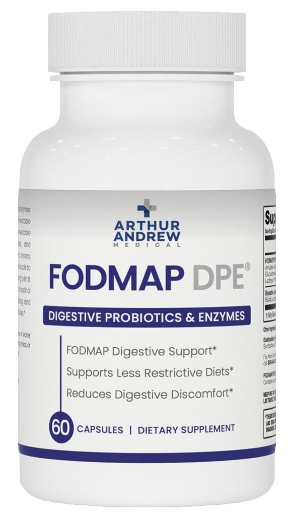 Arthur Andrew Medical - FODMAP DPE, fordøjelsesfremmende probiotika og enzymer, Relief for FODMAP Intolerance og stærkt fermenterbare fødevarer, Vegan, Non- GMO, 60 kapsler